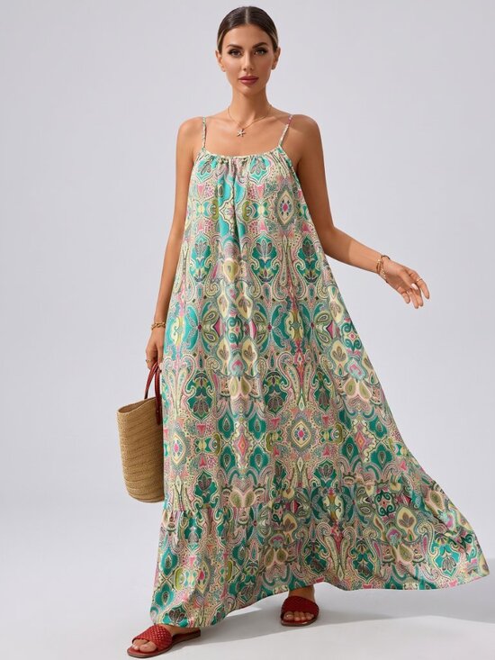 Dresses & Skirts - Women's Boho Floral Paisley Maxi Dress Spaghetti Strap Flowy Vacation Resort